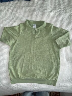 Light Green Textured Knit Polo Top quarter button
